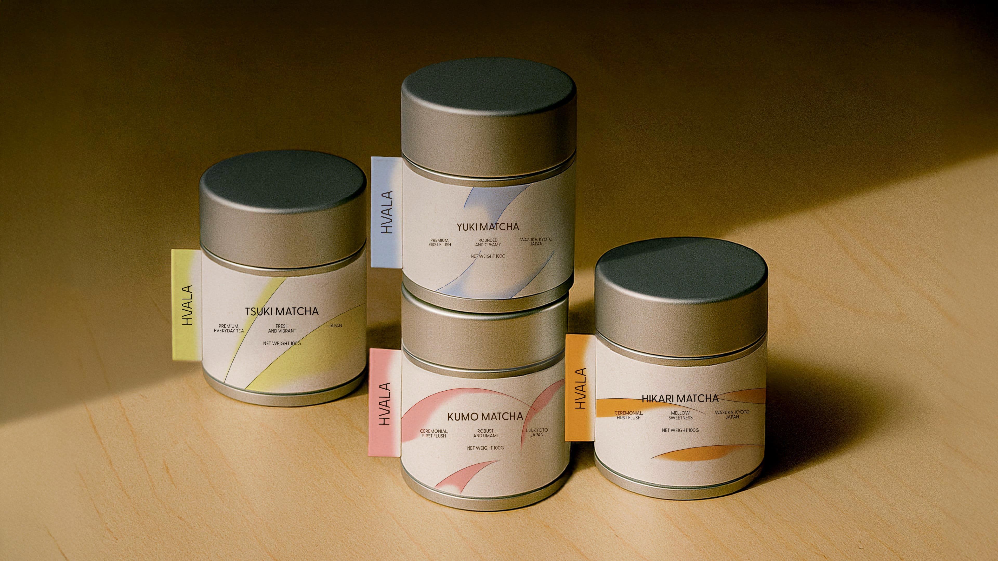Matcha packaging with fluid gradient shapes signaling stillness and intent
