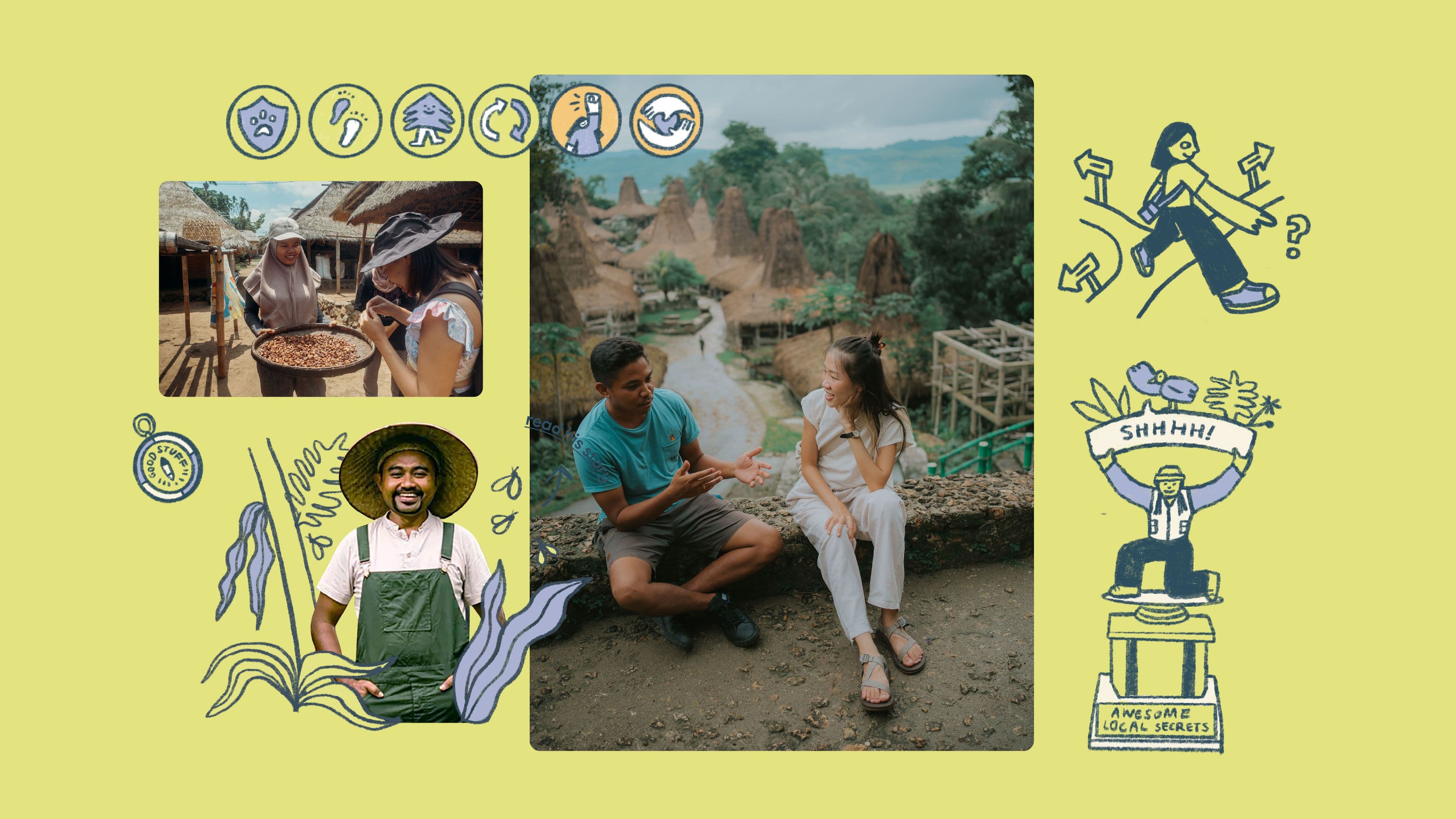 Collage of alternative travel images, showing the Seek Sophie team on the ground, testing experiences and talking to local guides. Around the images are badges showing the different sustainability pillars, a character exploring different paths, and a trophy for awesome local secrets