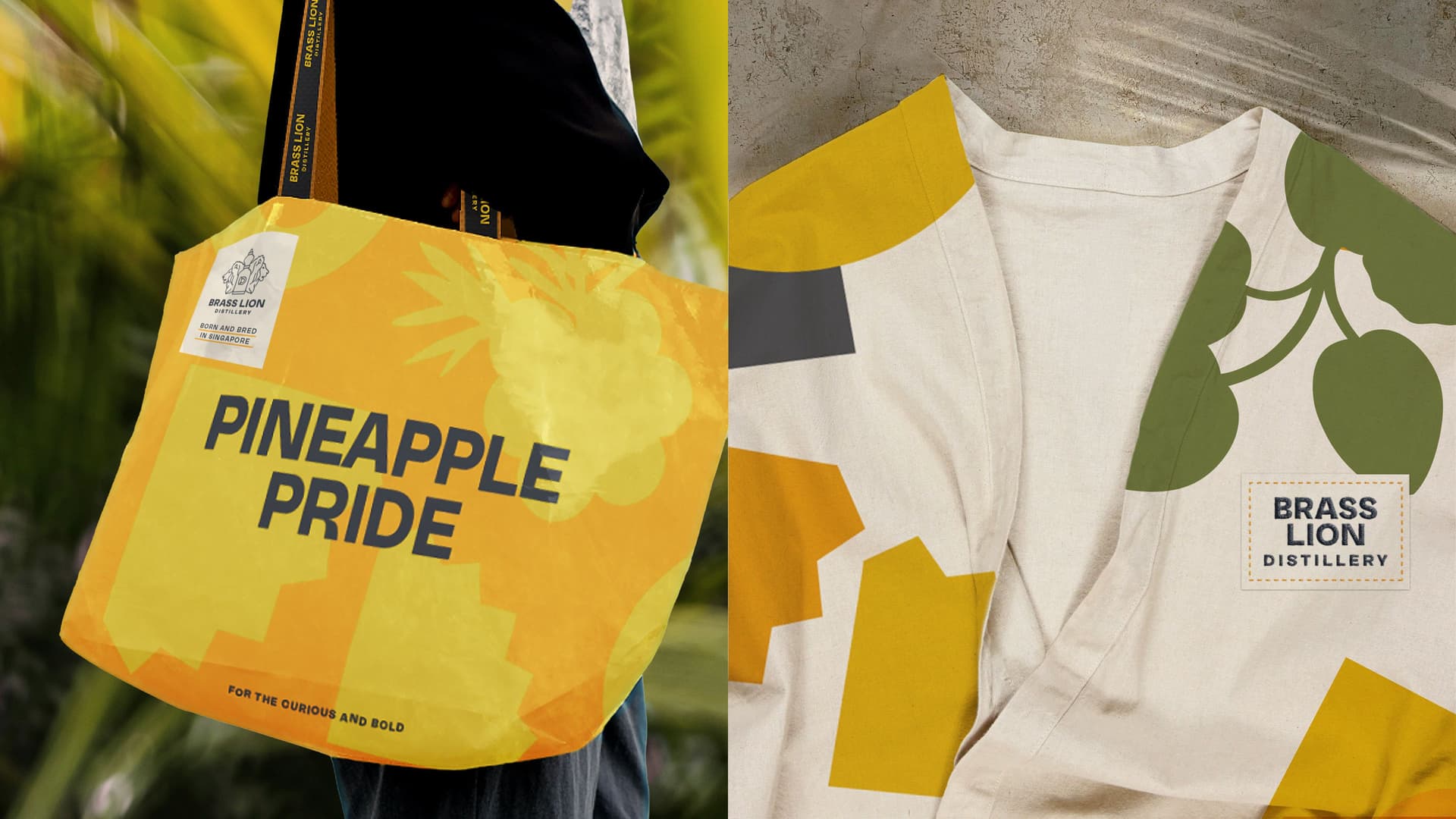 Singapore tropical botanicals used in Brass Lion Distillery gin identity merchandise uniform
