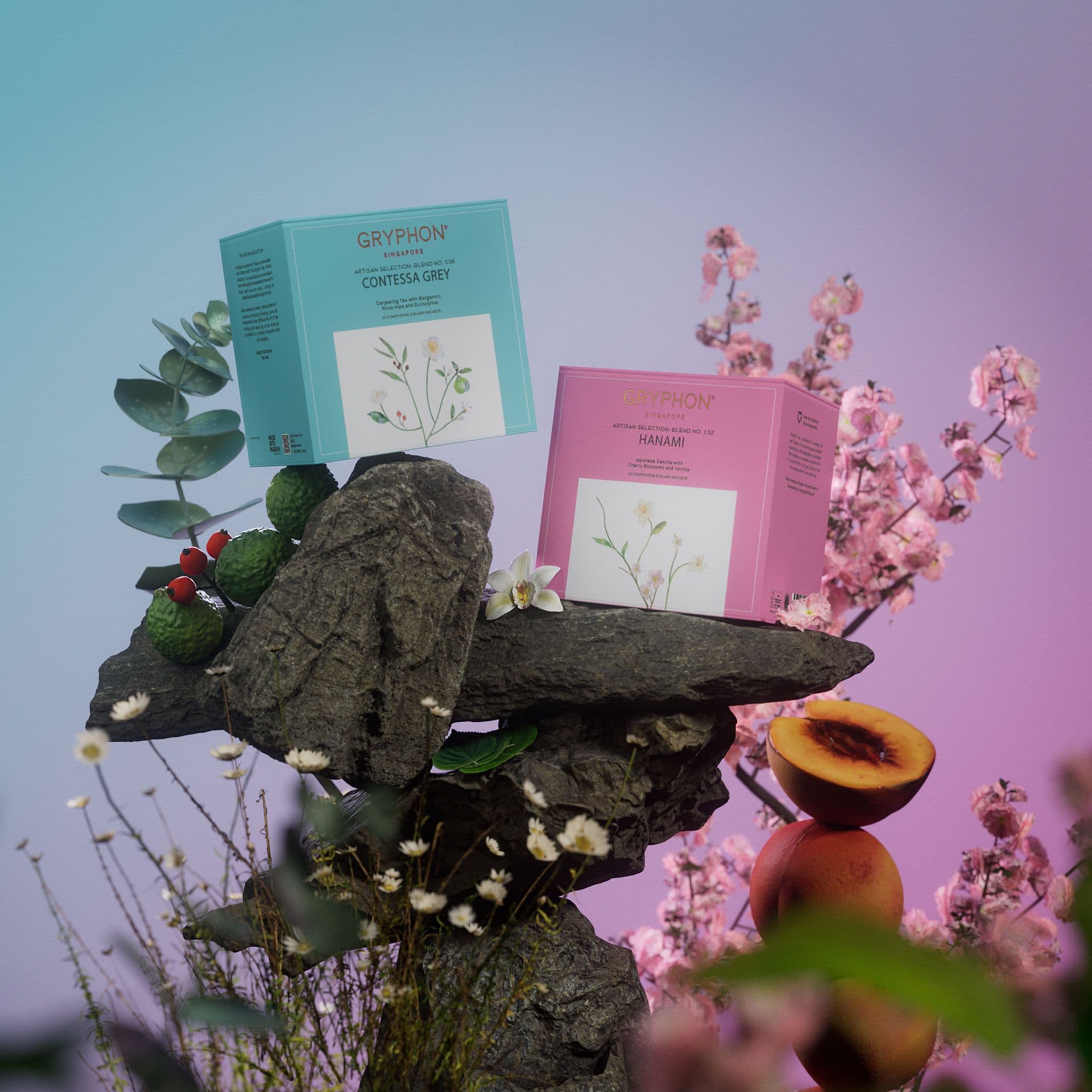 Gryphon Tea—identity and packaging system blending heritage with ‘Art & Science of Tea’ still-life.
