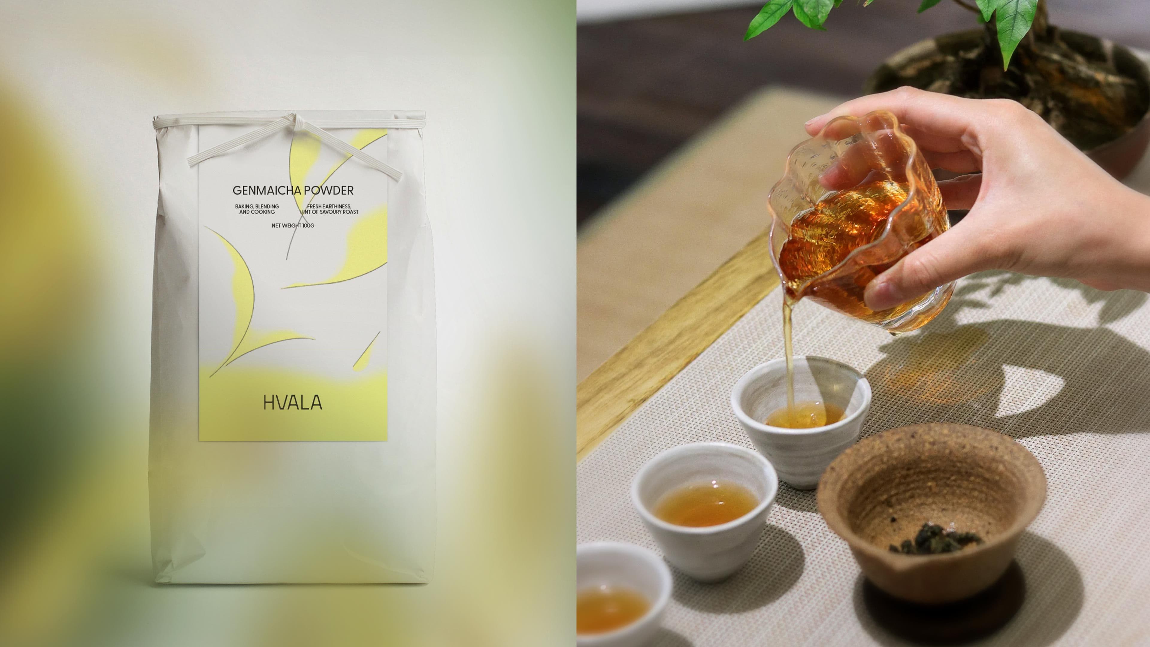 Genmaicha packaging with fluid gradient shapes signalling stillness and intent