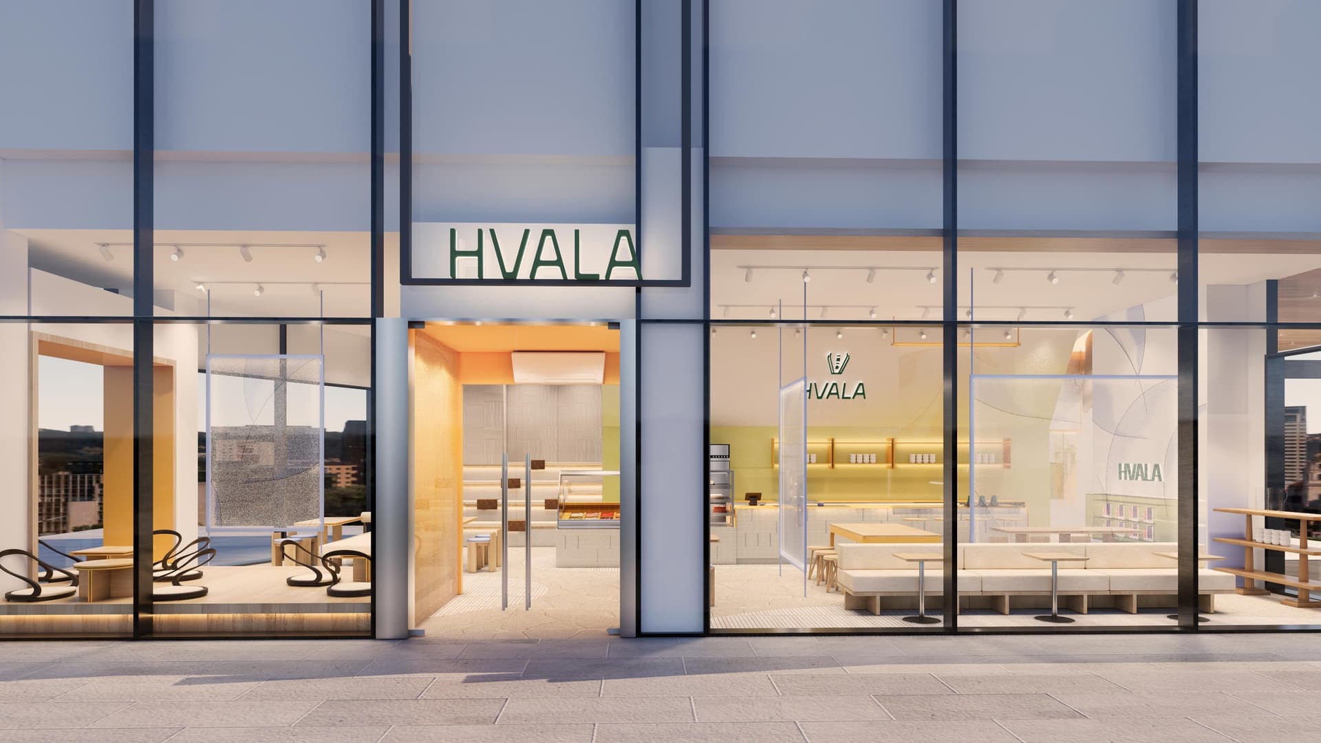 Collaboration with LAANK translating Hvala brand identity into café interiors